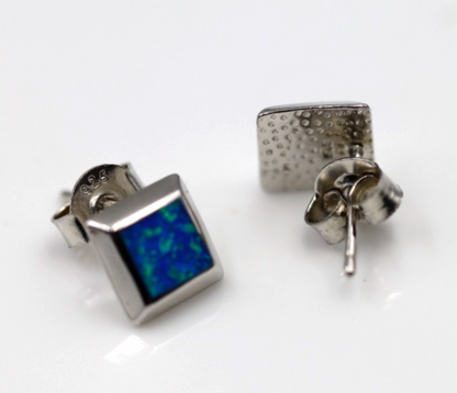 Genuine Sterling Silver 925 Syn Opal Square Set Stud Earrings