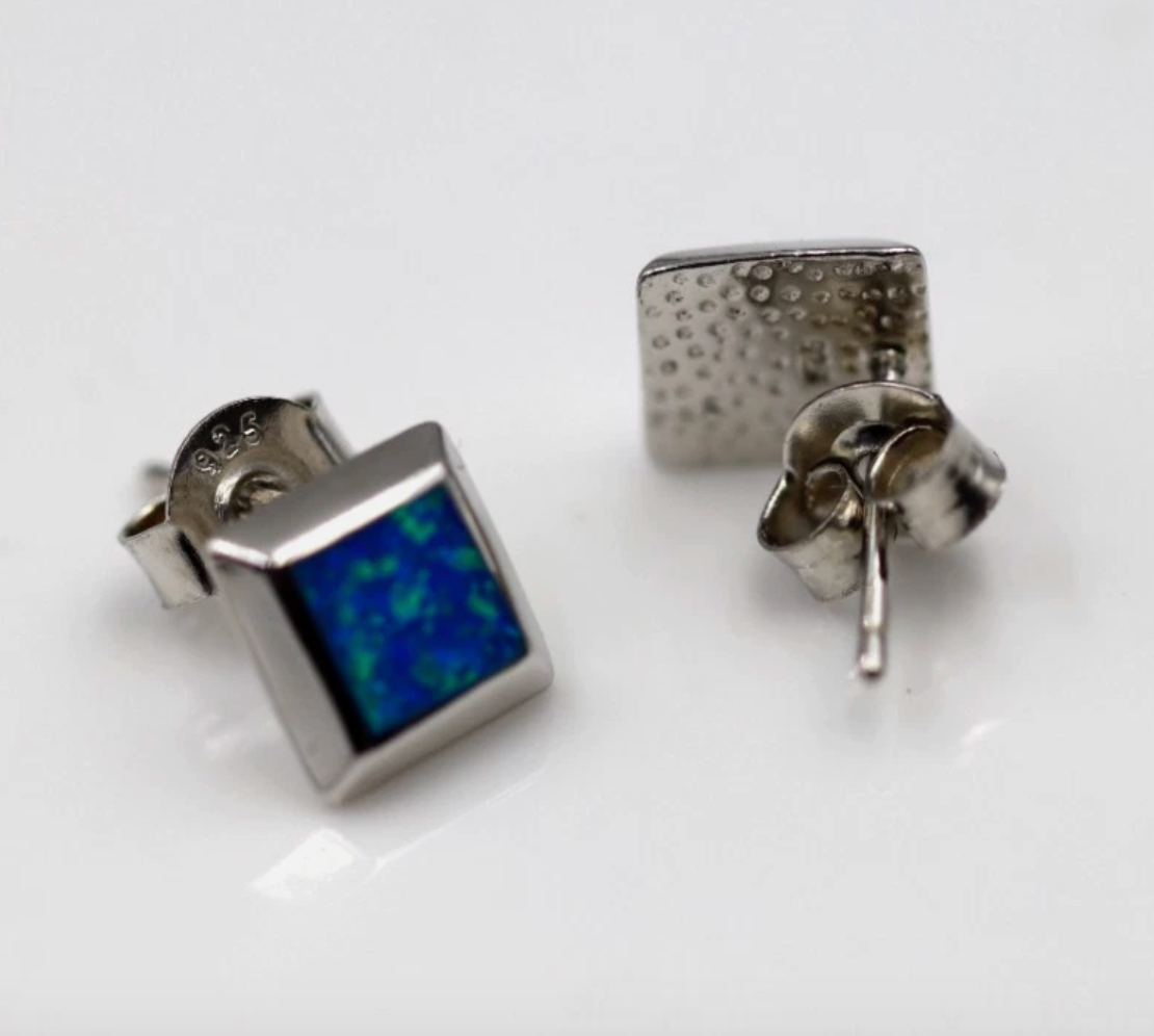 Genuine Sterling Silver 925 Syn Opal Square Set Stud Earrings