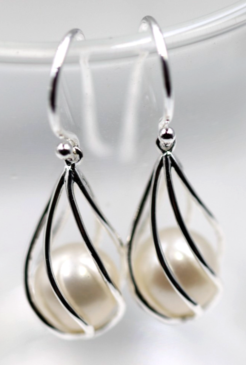 Sterling Silver 925 9mm Caged Freshwater Cultured Pearl Hook Earrings