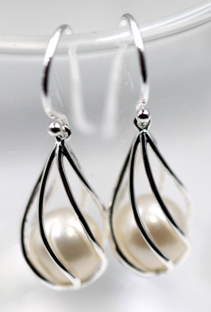 Sterling Silver 925 9mm Caged Freshwater Cultured Pearl Hook Earrings