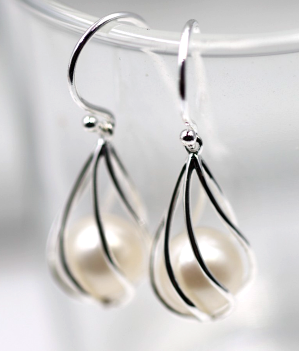 Sterling Silver 925 9mm Caged Freshwater Cultured Pearl Hook Earrings
