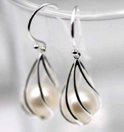 Sterling Silver 925 9mm Caged Freshwater Cultured Pearl Hook Earrings