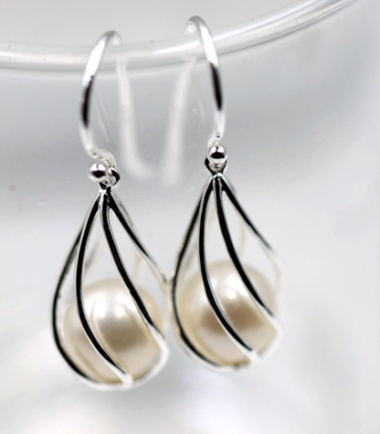 Sterling Silver 925 9mm Caged Freshwater Cultured Pearl Hook Earrings