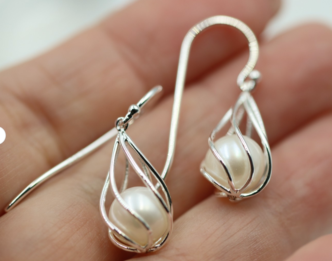 Sterling Silver 925 9mm Caged Freshwater Cultured Pearl Hook Earrings