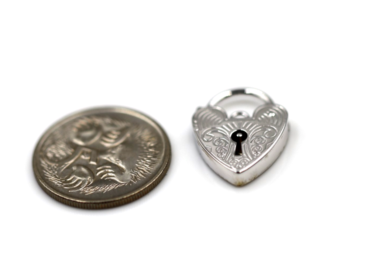 Genuine 11.5mm Sterling Silver 925 Filigree Heart Pendant Padlock