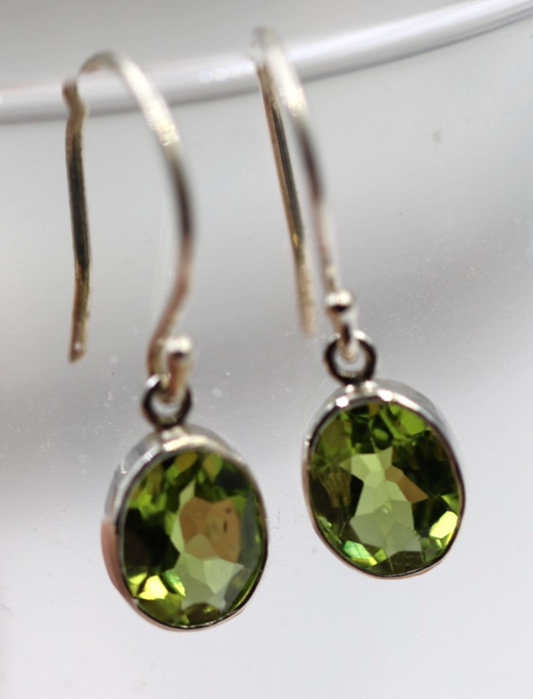 Sterling Silver 925 Oval Bezel Peridot Hook Earrings Aug Birthstone