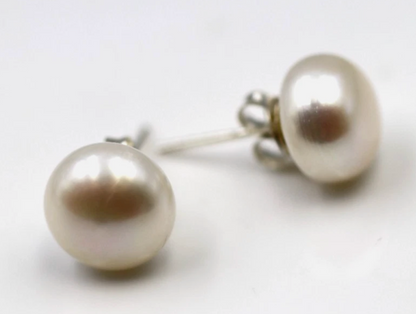 Sterling Silver 925 White Button 10mm Freshwater Pearl Stud Earrings