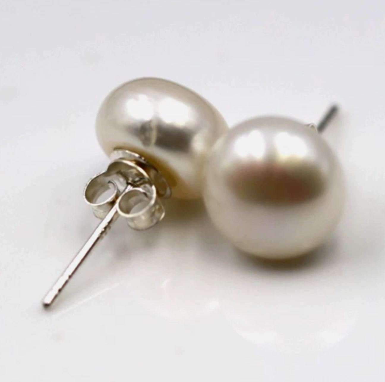 Sterling Silver 925 White Button 10mm Freshwater Pearl Stud Earrings