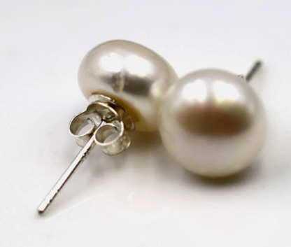 Sterling Silver 925 White Button 10mm Freshwater Pearl Stud Earrings