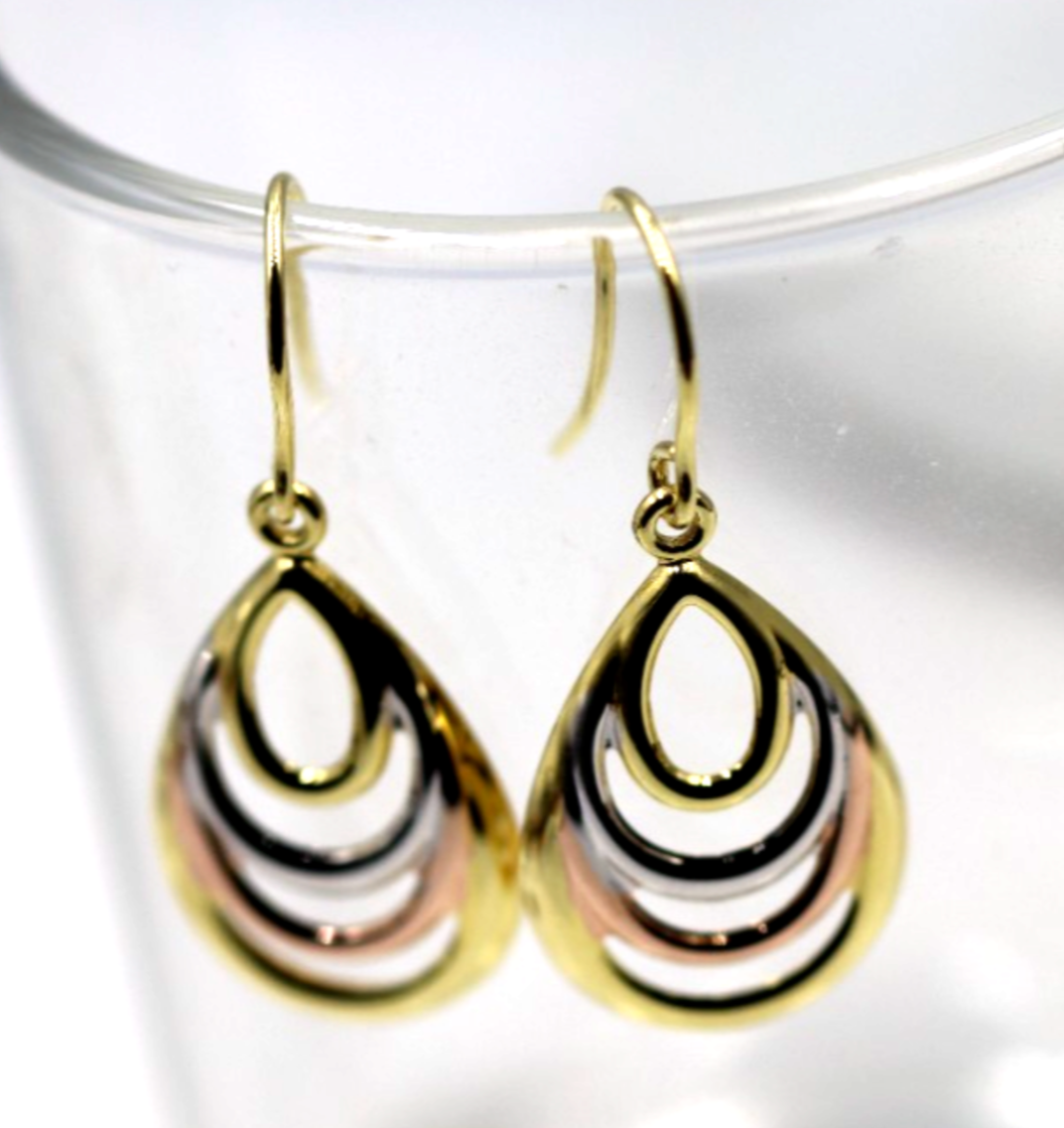 Genuine 9ct 9k 375 Yellow, Rose & White Gold 3 Tone Fancy Teardrop Earrings