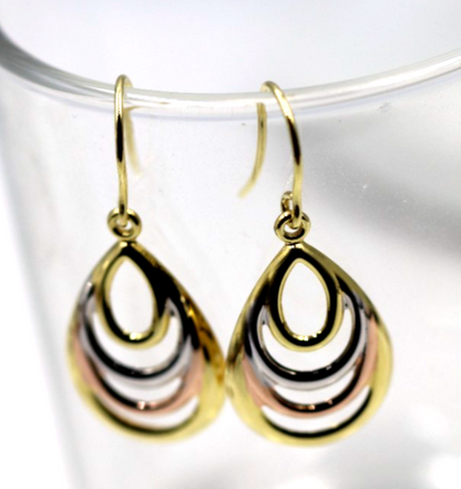 Genuine 9ct 9k 375 Yellow, Rose & White Gold 3 Tone Fancy Teardrop Earrings