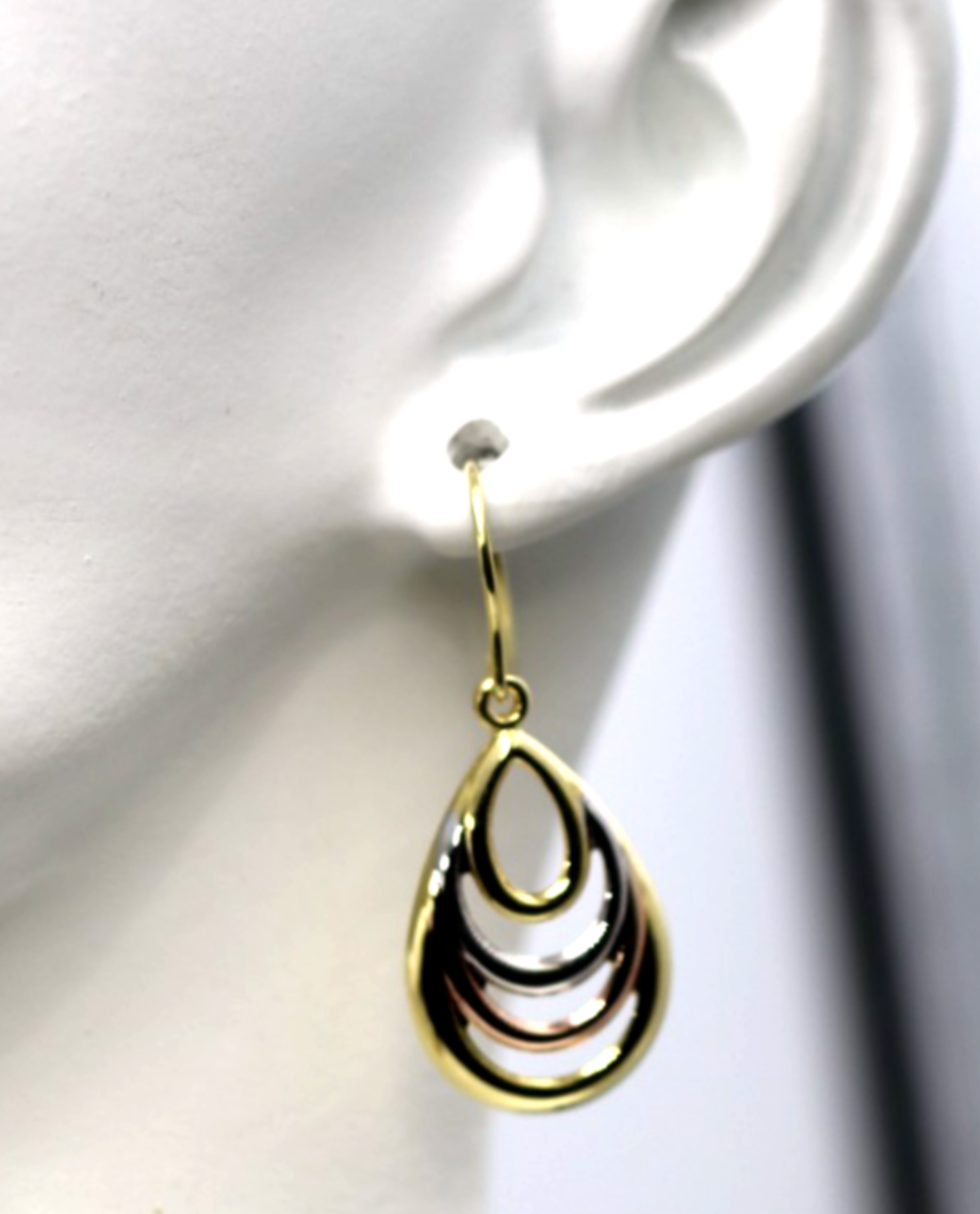 Genuine 9ct 9k 375 Yellow, Rose & White Gold 3 Tone Fancy Teardrop Earrings