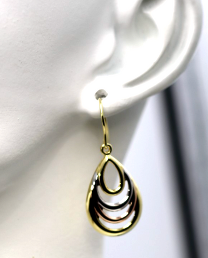 Genuine 9ct 9k 375 Yellow, Rose & White Gold 3 Tone Fancy Teardrop Earrings