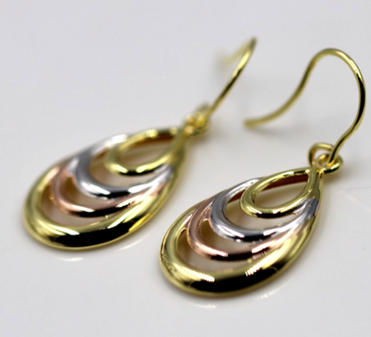 Genuine 9ct 9k 375 Yellow, Rose & White Gold 3 Tone Fancy Teardrop Earrings