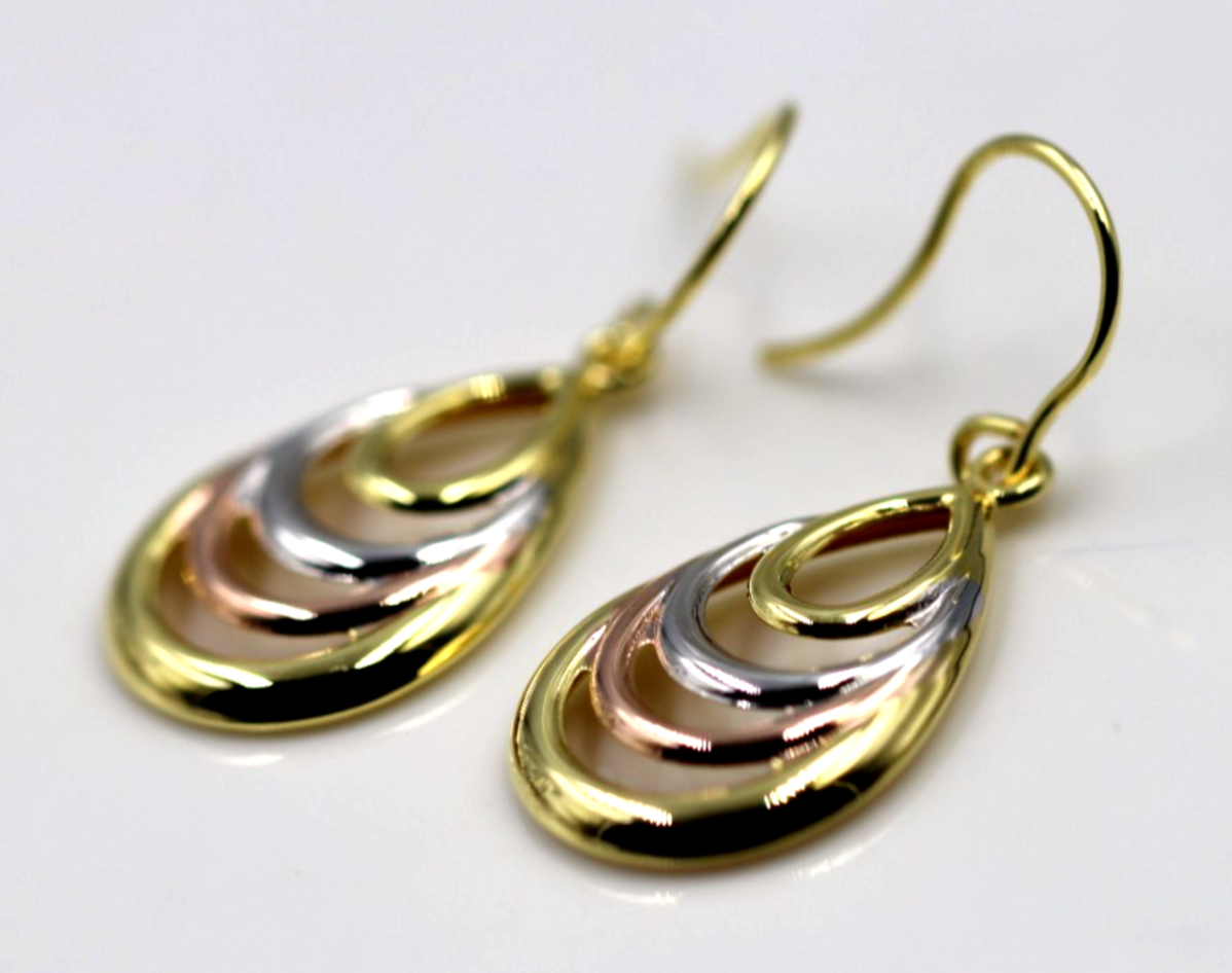 Genuine 9ct 9k 375 Yellow, Rose & White Gold 3 Tone Fancy Teardrop Earrings