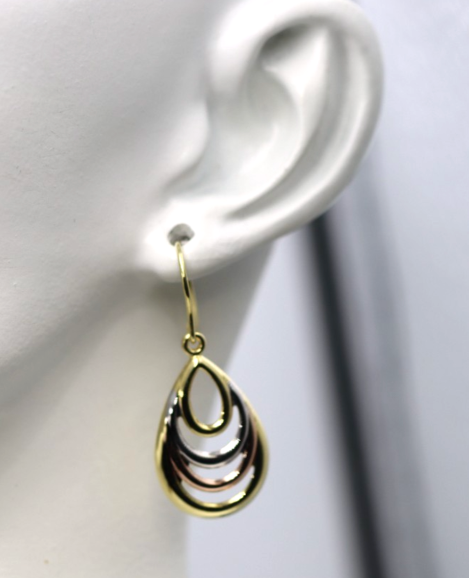 Genuine 9ct 9k 375 Yellow, Rose & White Gold 3 Tone Fancy Teardrop Earrings