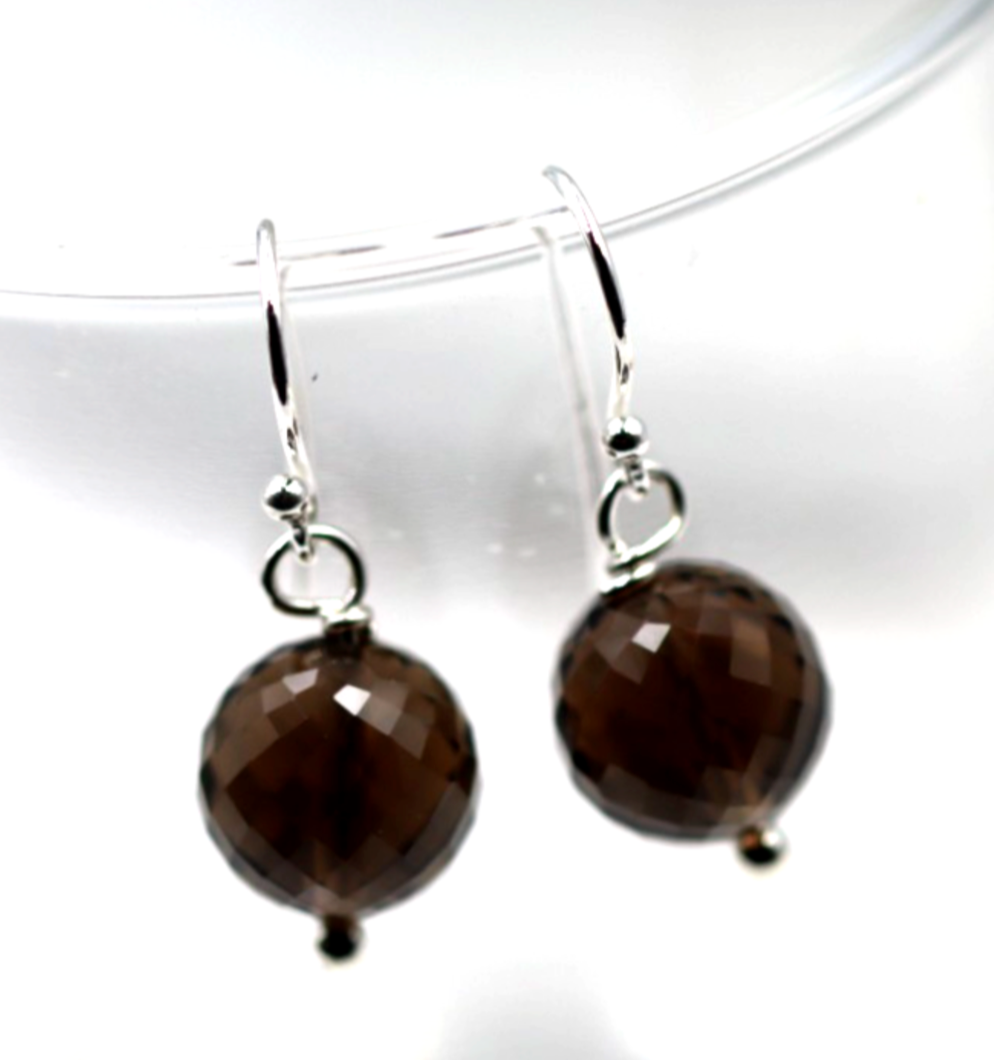 Sterling Silver 925 Natural Faceted Smoky Quartz Ball Hook Earrings