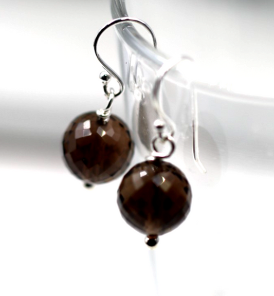 Sterling Silver 925 Natural Faceted Smoky Quartz Ball Hook Earrings