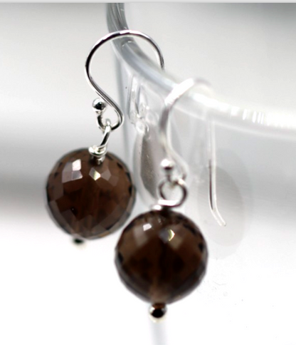 Sterling Silver 925 Natural Faceted Smoky Quartz Ball Hook Earrings