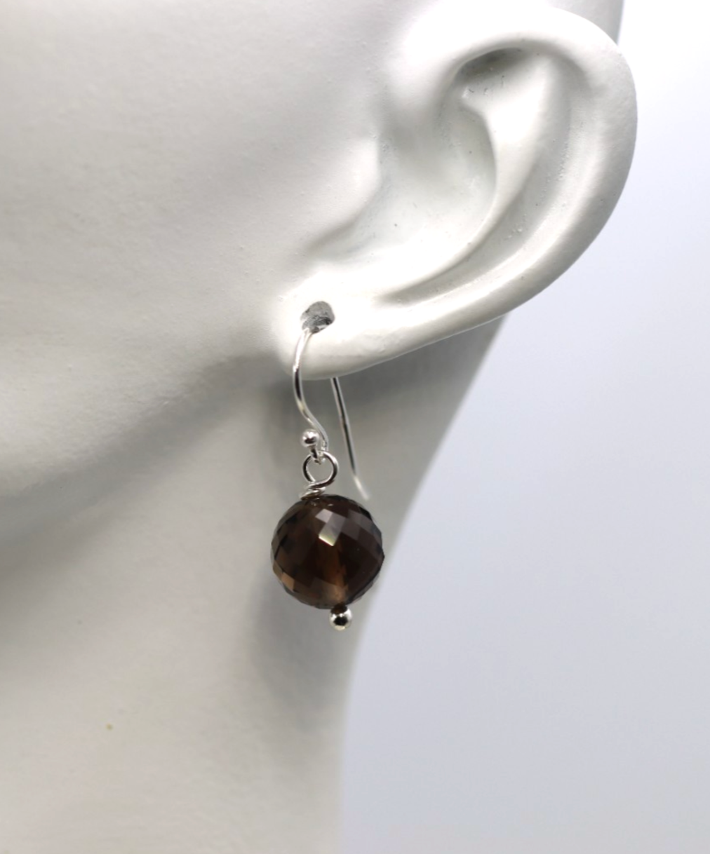 Sterling Silver 925 Natural Faceted Smoky Quartz Ball Hook Earrings