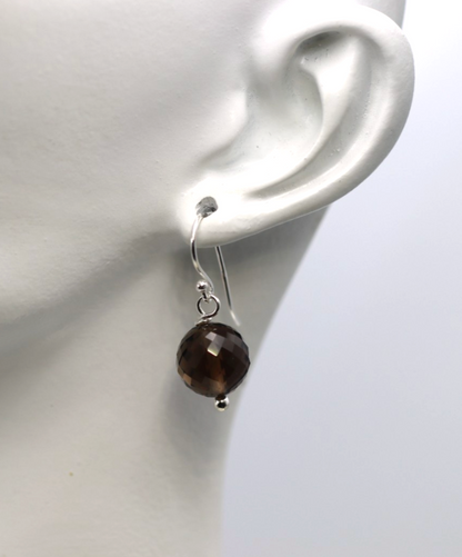 Sterling Silver 925 Natural Faceted Smoky Quartz Ball Hook Earrings