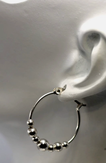 Genuine Sterling Silver 925 22mm Hoop 7 Balls Hoop Earrings