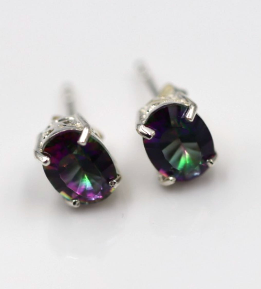 Sterling Silver 925 Oval Filigree Mystic Topaz Stud Earrings