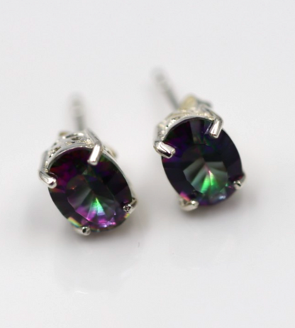 Sterling Silver 925 Oval Filigree Mystic Topaz Stud Earrings