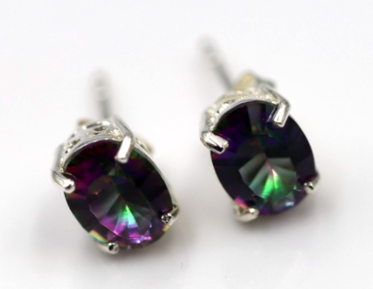 Sterling Silver 925 Oval Filigree Mystic Topaz Stud Earrings