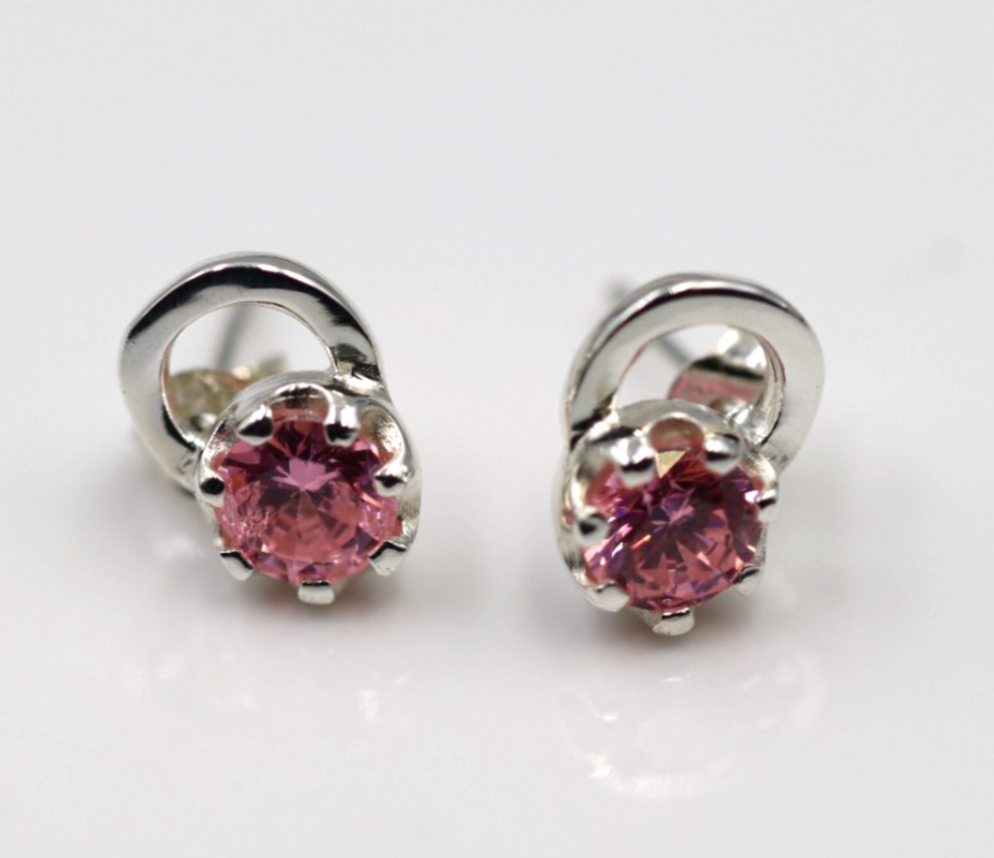 Genuine Sterling Silver 925 Round Pink Crystal Studs Earrings