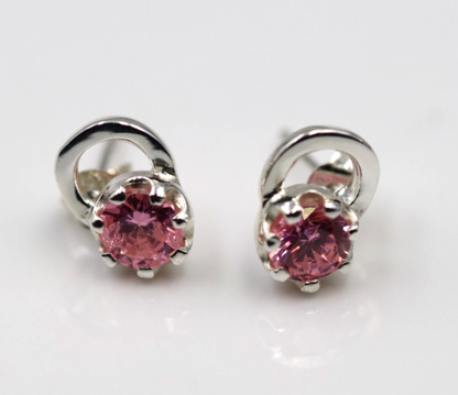 Genuine Sterling Silver 925 Round Pink Crystal Studs Earrings