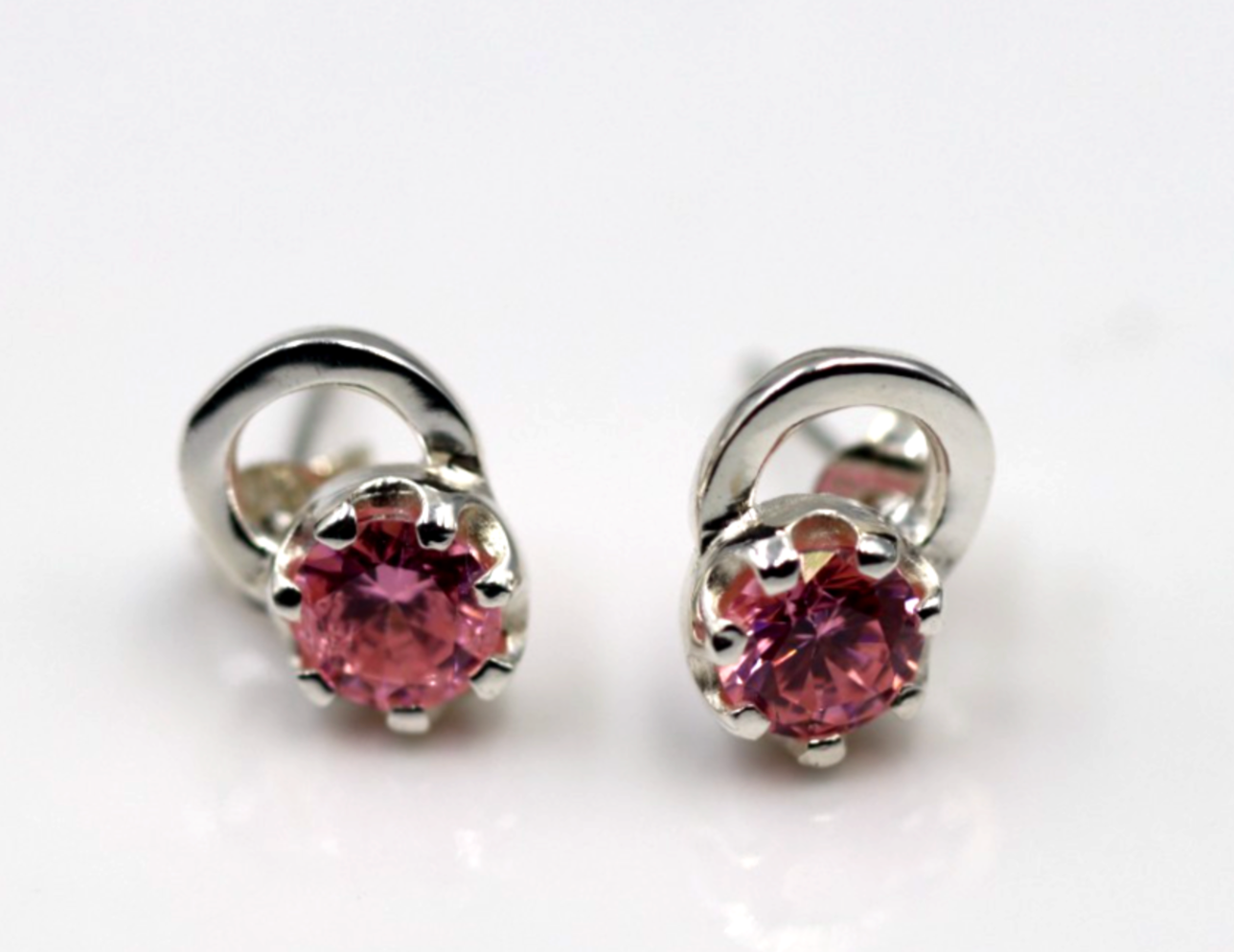 Genuine Sterling Silver 925 Round Pink Crystal Studs Earrings