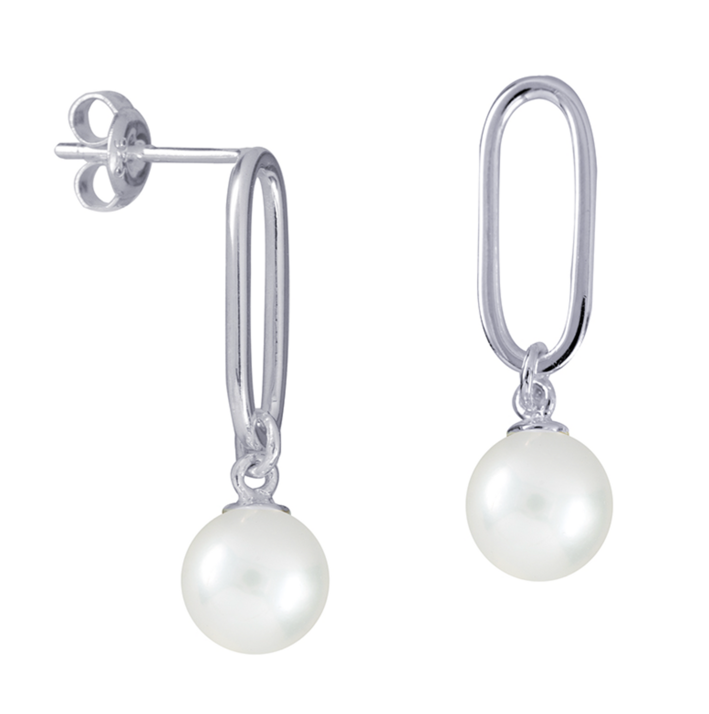 Genuine Sterling Silver 925 Paperclip Stud with 8mm Freshwater Cultured Pearl Drop Earrings