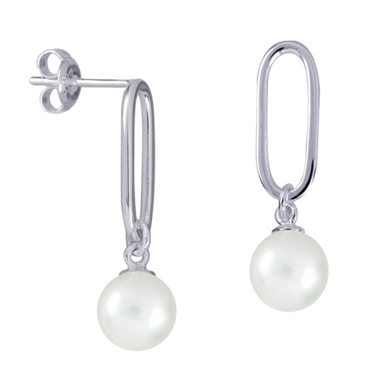 Genuine Sterling Silver 925 Paperclip Stud with 8mm Freshwater Cultured Pearl Drop Earrings