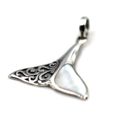 Sterling Silver 925 Large Whale Tail Mother Pearl Pendant Charm