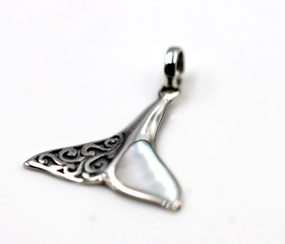 Sterling Silver 925 Large Whale Tail Mother Pearl Pendant Charm