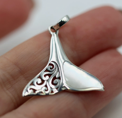 Sterling Silver 925 Large Whale Tail Mother Pearl Pendant Charm