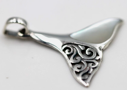 Sterling Silver 925 Large Whale Tail Mother Pearl Pendant Charm