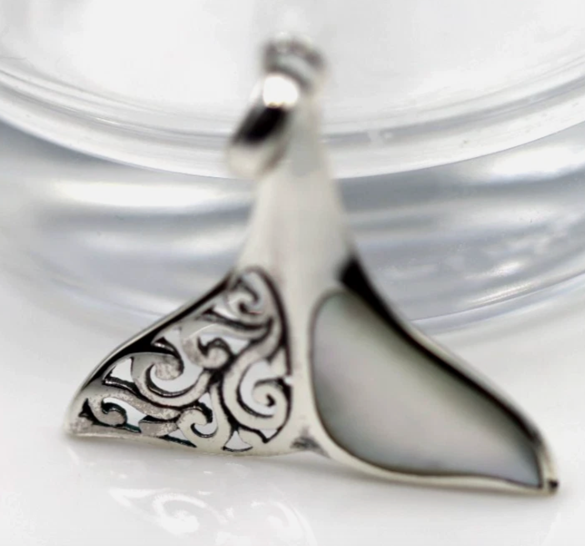 Sterling Silver 925 Large Whale Tail Mother Pearl Pendant Charm