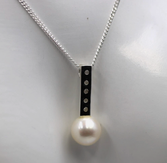 Sterling Silver 925 Diamond Freshwater White Pearl Pendant + Chain