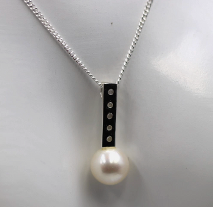 Sterling Silver 925 Diamond Freshwater White Pearl Pendant + Chain