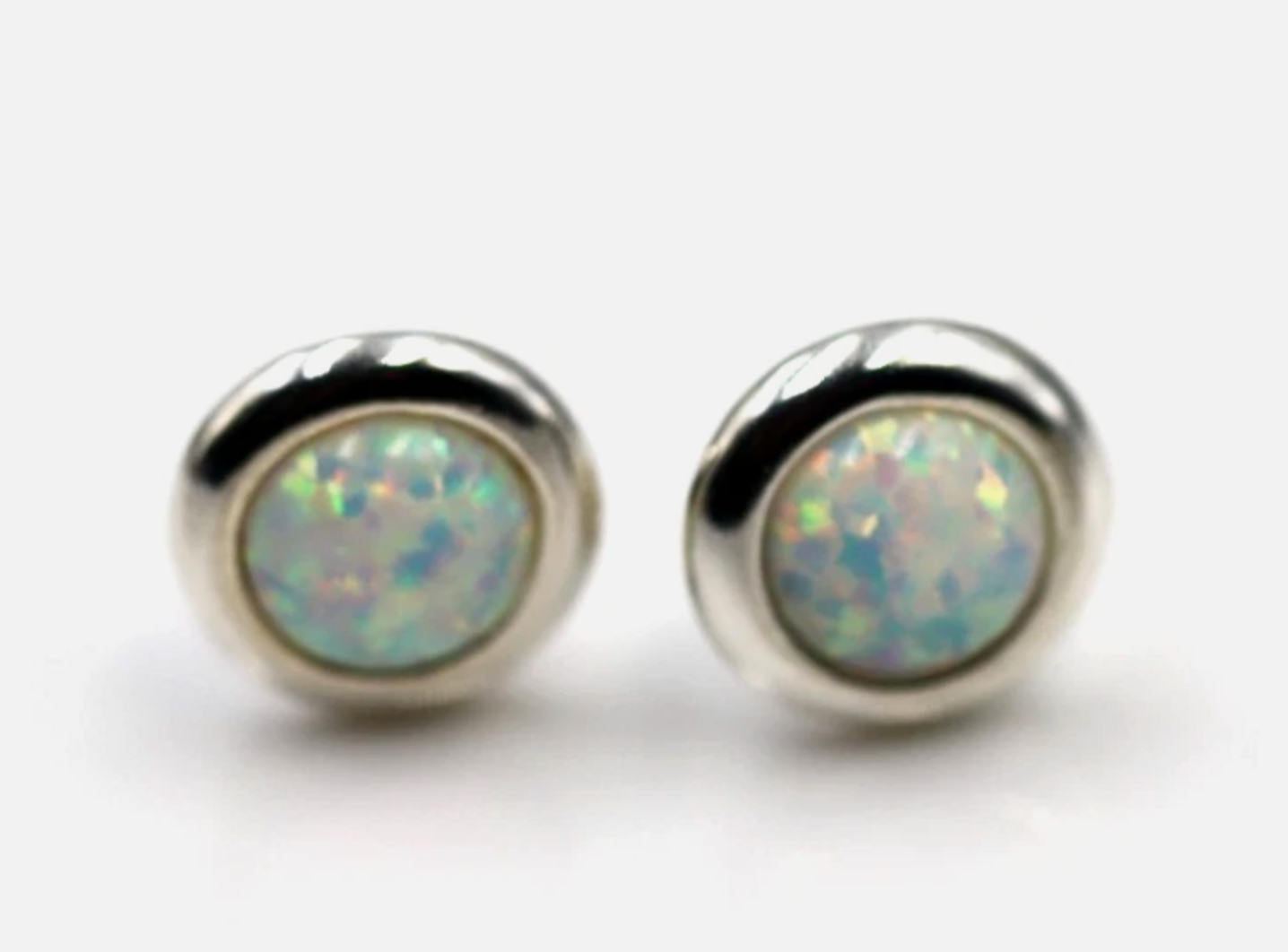 Genuine Sterling Silver 925 Syn White Opal Round Set Stud Earrings