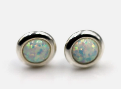 Genuine Sterling Silver 925 Syn White Opal Round Set Stud Earrings