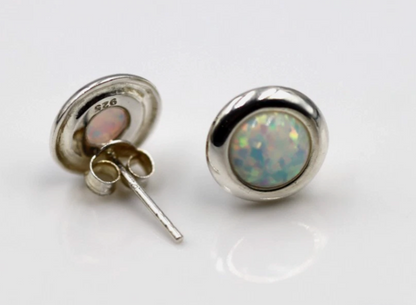 Genuine Sterling Silver 925 Syn White Opal Round Set Stud Earrings