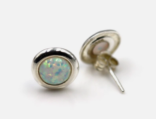 Genuine Sterling Silver 925 Syn White Opal Round Set Stud Earrings