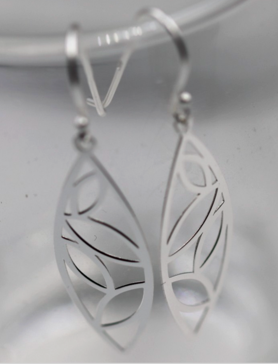 Sterling Silver 925 Solid Cut-Out Leaf Drop Earrings
