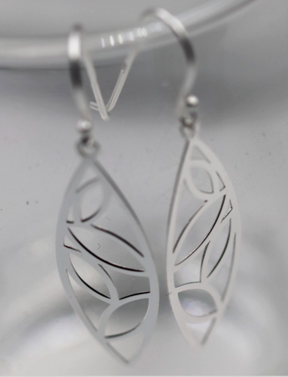 Sterling Silver 925 Solid Cut-Out Leaf Drop Earrings