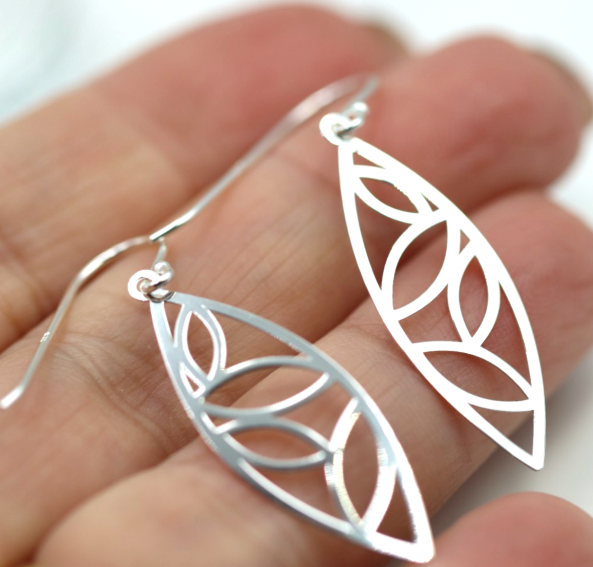 Sterling Silver 925 Solid Cut-Out Leaf Drop Earrings