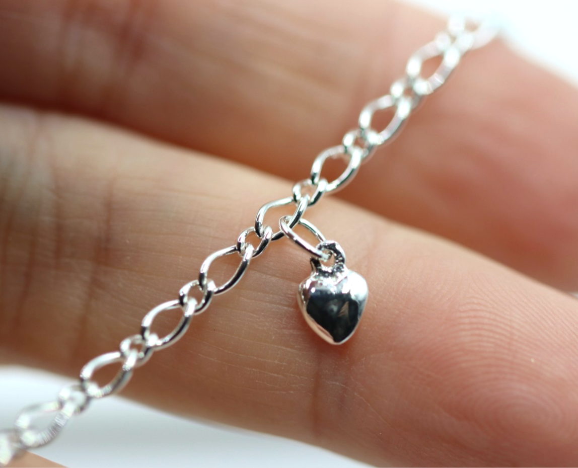 Genuine Sterling Silver 925 25cm Figaro Anklet + Heart Charm