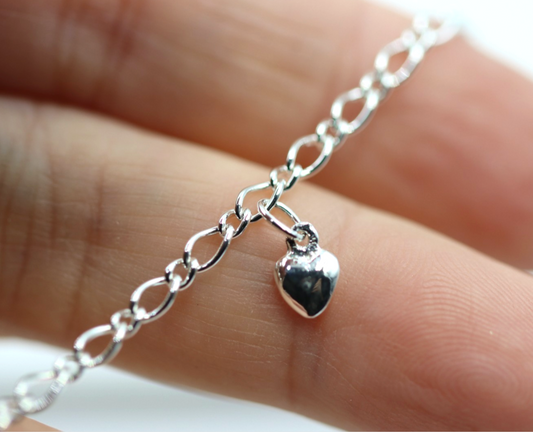Genuine Sterling Silver 925 25cm Figaro Anklet + Heart Charm